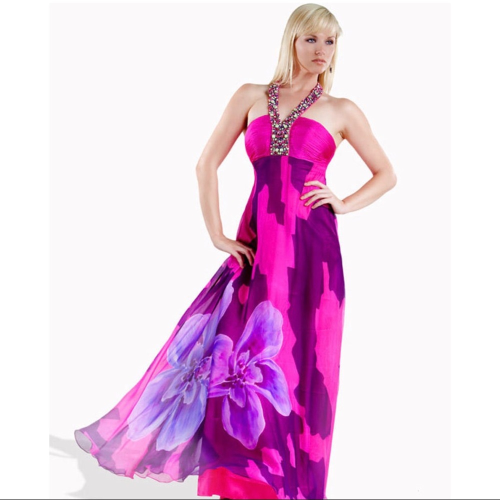 Jovani Floral Rhinestone Silk Prom Pink Purple Jewel Evening Maxi Dress 14790 2‎